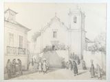 dessin représentant une scène de rue avec une église en arrière-plan