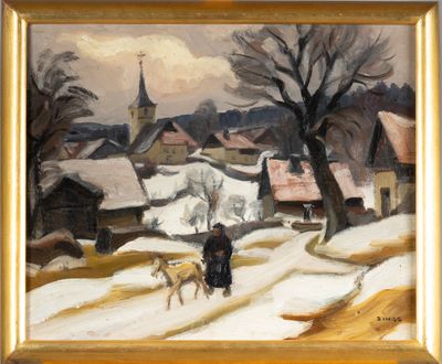 une image d'un tableau représentant un village dans la neige