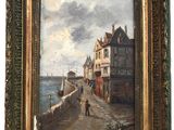 une peinture à l'huile représentant un homme marchant dans une rue au bord d'un plan d'eau