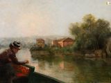 un tableau représentant une femme assise sur un bateau au bord de l'eau