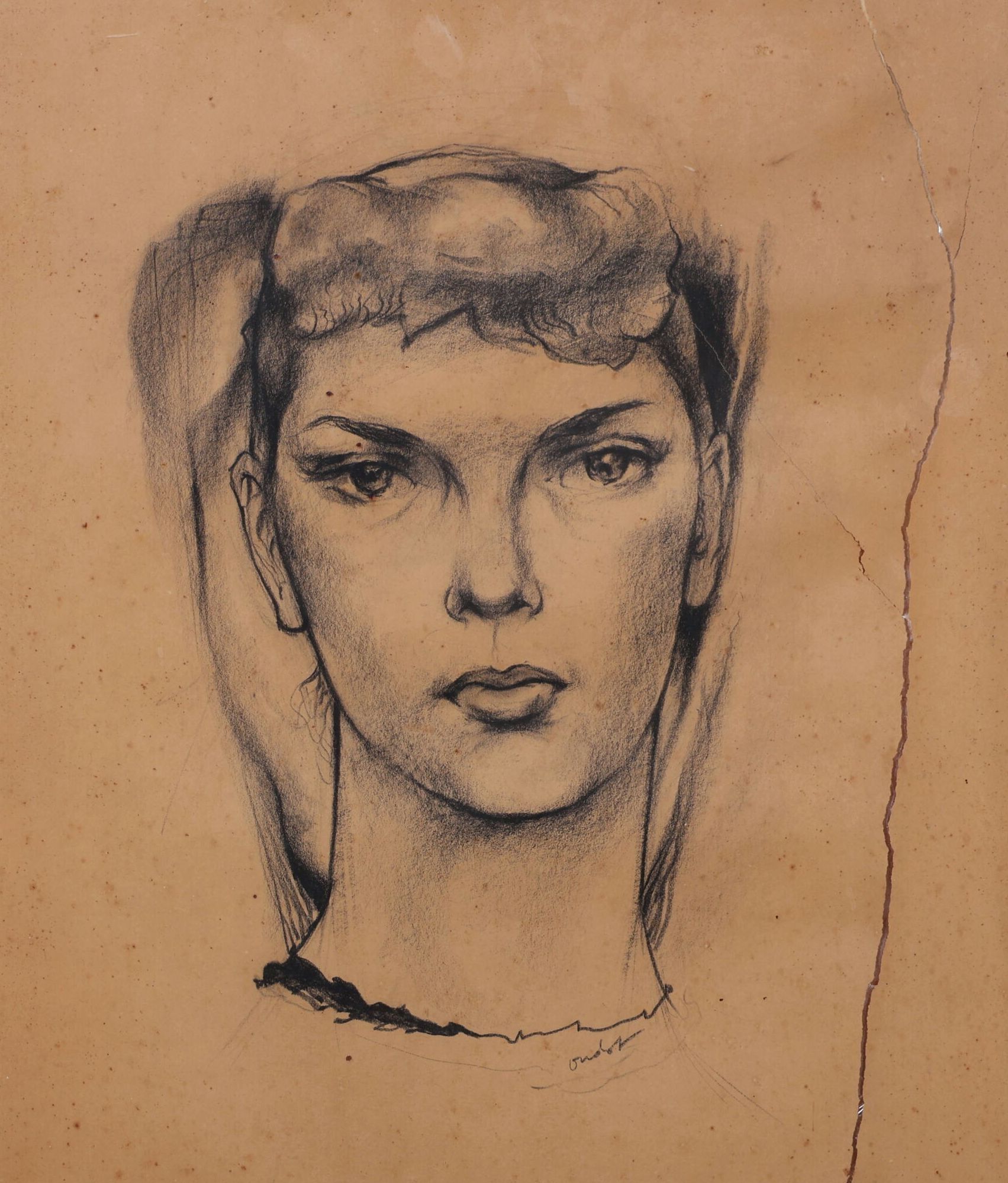 Georges OUDOT (1928-2004). Portrait de femme. Fusain sur papier, signé en bas à droite. H_64 cm L_49 cm, importantes ...