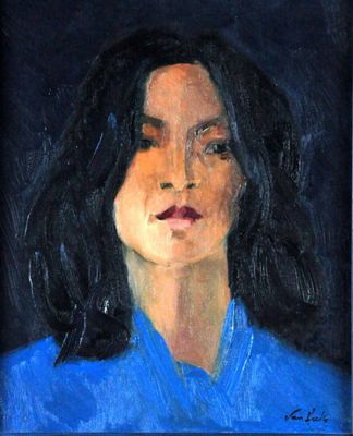 a painting of a woman with long black hair and a blue shirt