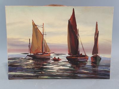 painting of three sailboats in the water with a sky background