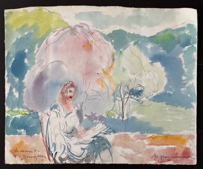 une aquarelle représentant une femme assise sous un parapluie