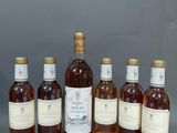 six bouteilles de vin sont alignées sur une surface grise