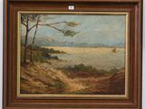 a painting of a landscape with trees and a boat in the water