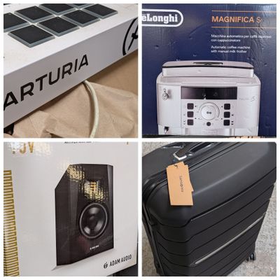 several different pictures of a suitcase, a radio, and a speaker