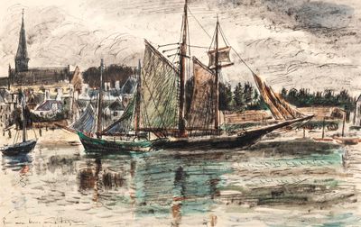 a painting of a boat in the water near a town