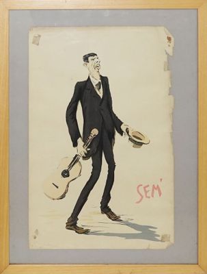 tableau représentant un homme en costume tenant un chapeau et une guitare