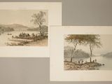 deux reproductions encadrées représentant une scène fluviale avec un bateau et des personnes sur la rive