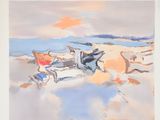 a watercolor painting of a beach scene with people on the sand