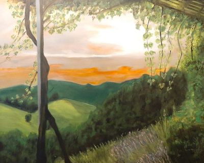 a painting of a view of a field and trees