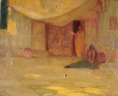 tableau représentant une femme en robe jaune assise devant un immeuble