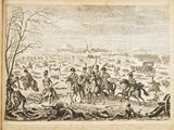 an old book with a picture of men on horses