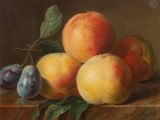 un tableau représentant des pêches et des prunes posées sur une table