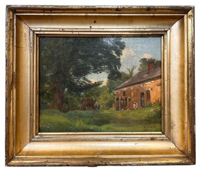 an oil painting of a farm scene with a house in the background