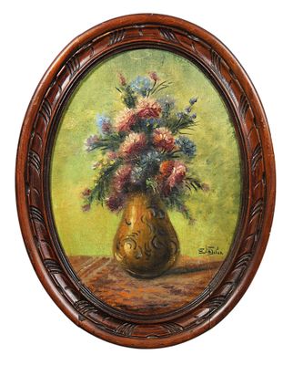 une peinture à l'huile représentant un vase de fleurs sur une table