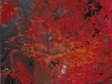an abstract painting of a red flower on a black background