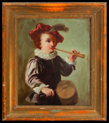 an oil painting of a young boy with a flute in his hand