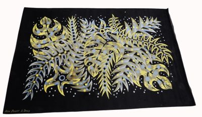 a close up of a black cloth with yellow and blue flowers on it