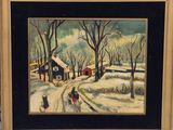 tableau représentant un paysage champêtre enneigé avec une calèche tirée par un cheval