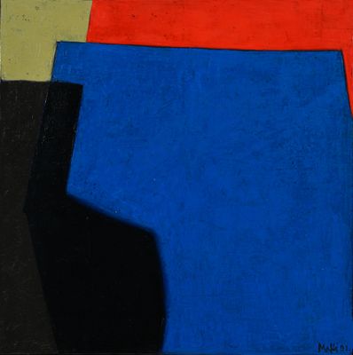 peinture abstraite représentant des formes bleues, rouges et jaunes sur fond noir