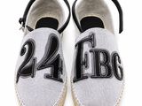 black and white embroidered espadrills with the number 24 on them