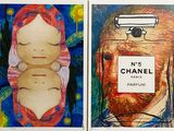 deux tableaux représentant un homme barbu et une femme tenant un flacon de parfum Chanel