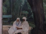 a painting of two people sitting on a bench under a tree