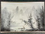painting of a river with trees and mountains in the background