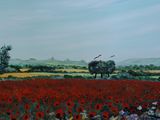 an oil painting of a field of red flowers with trees in the background