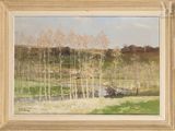 an image of a painting of a field with trees in the background