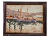 painting of boats in a harbor with mountains in the background