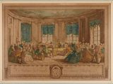 un vieux tableau représentant un grand groupe de personnes assises autour d'une table