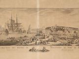 a drawing of a harbor with boats and people on it