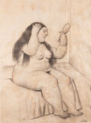 drawing of a woman sitting on a bed with a mirror in her hand
