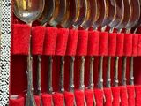 many spoons and spoon spoons in a red case