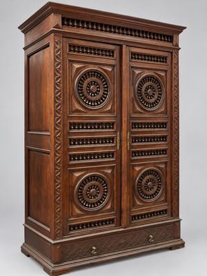 une vieille armoire en bois avec des sculptures et des gravures sur les portes