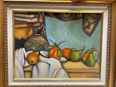 une peinture représentant des pommes et des poires sur une table