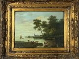 une peinture à l'huile représentant une scène fluviale avec du bétail au bord d'une rivière