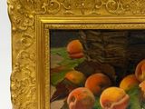 a painting of peachs in a basket on a table