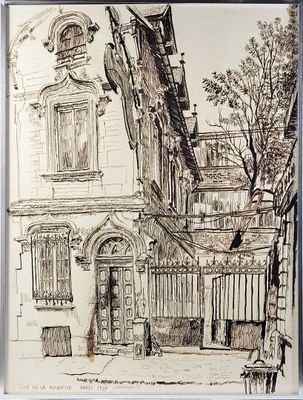 drawing of a building with a gate and a tree in front of it