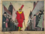 an image of a painting of a clown walking down a street