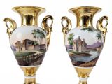 pair of antique vases with hand painted scenes on them