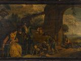 un vieux tableau représentant un groupe de personnes devant un bâtiment
