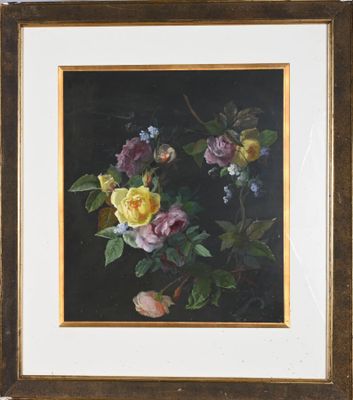 painting of a bouquet of flowers in a gold frame on a black background