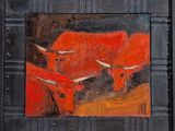 painting of three cows in a field with a red sky in the background