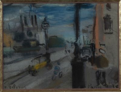 a painting of a street scene with people walking down the street
