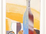 une peinture représentant une bouteille et un verre de vin posés sur une table