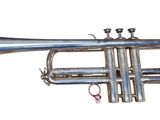 an image of a silver trumpet sitting on top of a white surface